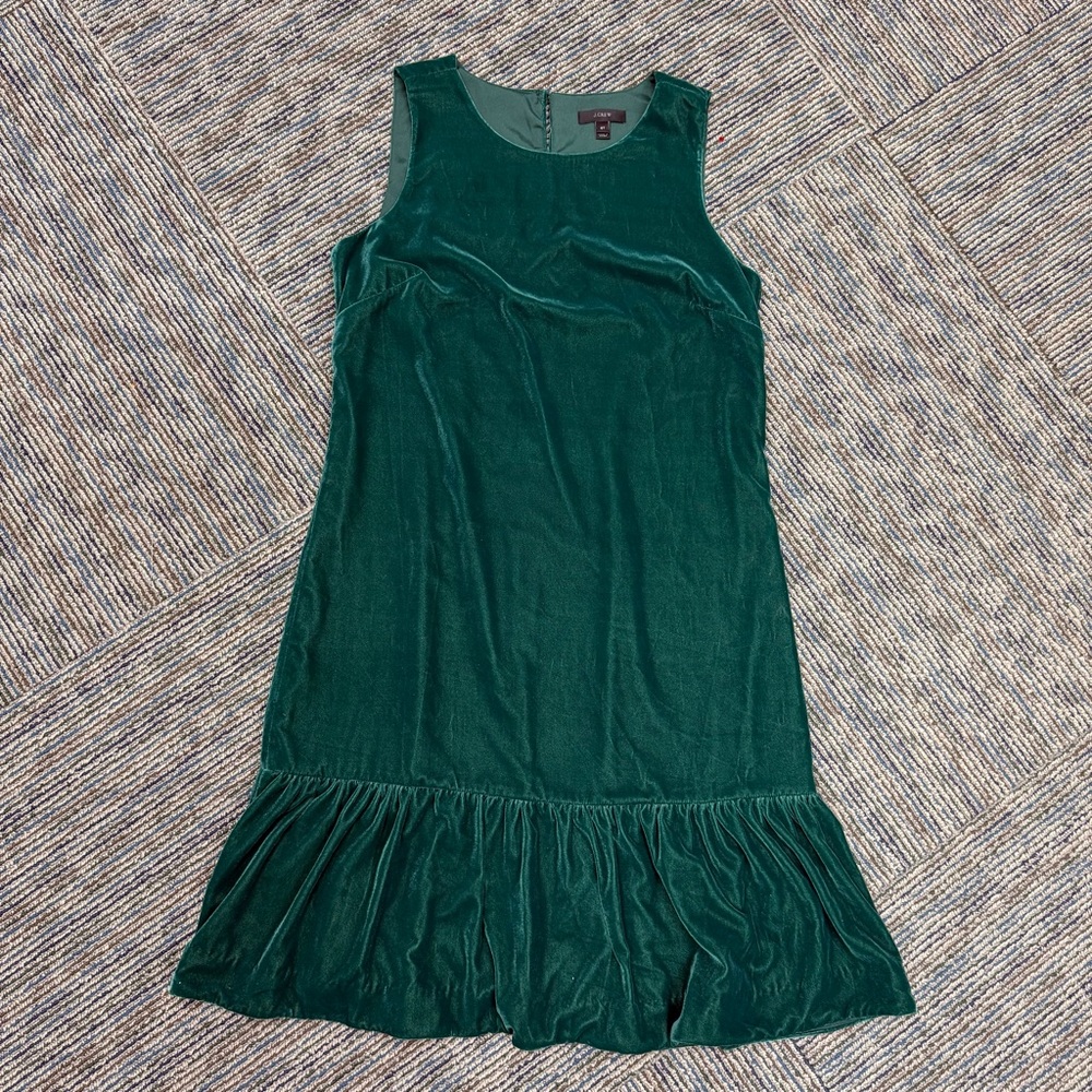 J. Crew Emerald Green Velvet Ruffle Hem Dress Size 6 Tall